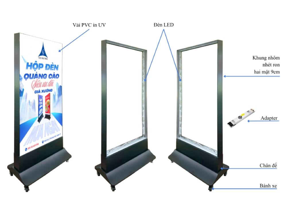 cấu tạo hộp đèn chân đứng không viền nhét ron hai mặt 60x120cm